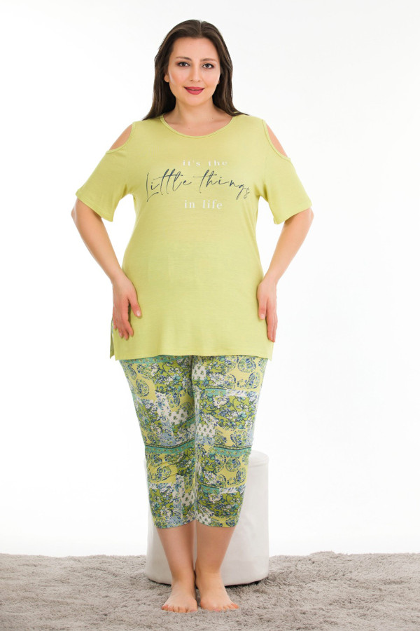 Sarı Renk ve Çiçek Desenli Lady 10679 Büyük Beden Kapri Pijama Takımı, LADY10679-2XLL, Lady Pijama Takımı, LADY10679-2XLL