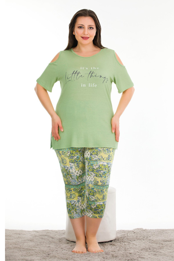 Açık Yeşil Renk ve Çiçek Desenli Lady 10679 Büyük Beden Kapri Pijama Takımı, LADY10679-2XL, Lady Pijama Takımı, LADY10679-2XL
