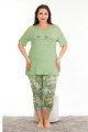 Açık Yeşil Renk ve Çiçek Desenli Lady 10679 Büyük Beden Kapri Pijama Takımı
