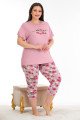 Gül Kurusu Renk ve Çiçek Desenli Lady 10681 Büyük Beden Kapri Pijama Takımı