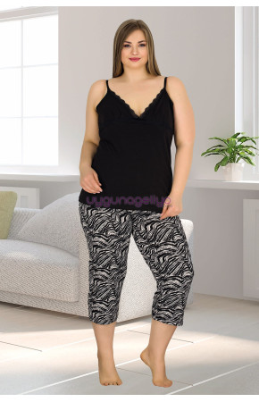 Kadın Siyah - Beyaz Renk ve Zebra Desenli Lady 10565 Büyük Beden Kapri Pijama Takımı