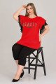 Kadın Kırmızı Renk ve Yazılı Lady 10581 Büyük Beden Kapri Pijama Takımı, ELİT0010581-2XL, Lady Pijama Takımı, ELİT0010581-2XL
