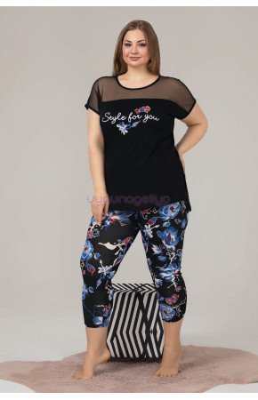 Kadın Siyah Renk ve Çiçek Desenli Lady 10584 Büyük Beden Kapri Pijama Takımı