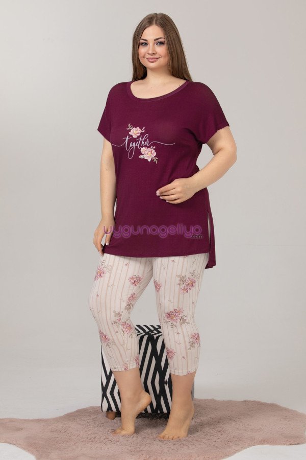 Kadın SMürdüm Renk ve Çiçek Desenli Lady 10611 Büyük Beden Kapri Pijama Takımı, TRTP850733760-10611-2X, Lady Pijama Takımı, TRTP850733760-10611-2X