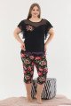 Kadın Siyah Renk ve Çiçek Desenli Lady 10619 Büyük Beden Kapri Pijama Takımı