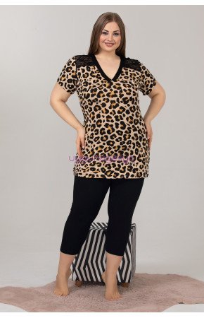Kadın Sarı - Siyah Renk ve Leopar Desenli Lady 10621 Büyük Beden Kapri Pijama Takımı