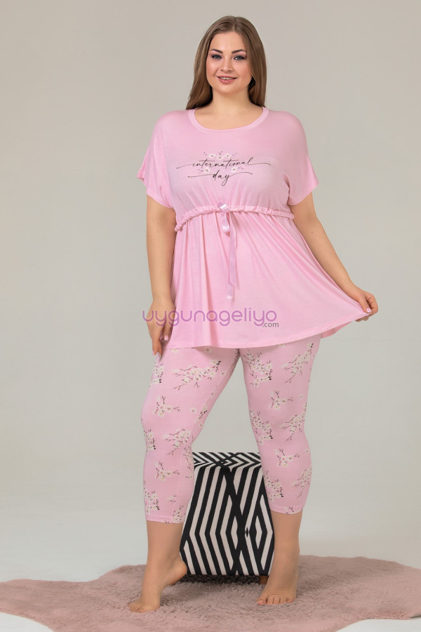 Pembe Renk ve Çiçek Desenli Lady 10624 Büyük Beden Kapri Pijama Takımı, ELİT0010624-2XL, Lady Pijama Takımı, ELİT0010624-2XL