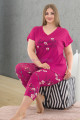 Kadın Fuşya Renk ve Çiçek Desenli Lady 10625 Büyük Beden Kapri Pijama Takımı