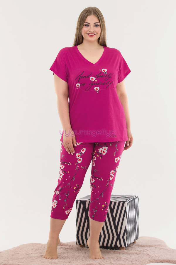 Kadın Fuşya Renk ve Çiçek Desenli Lady 10625 Büyük Beden Kapri Pijama Takımı, ELİT0010625-2XL, Lady Pijama Takımı, ELİT0010625-2XL