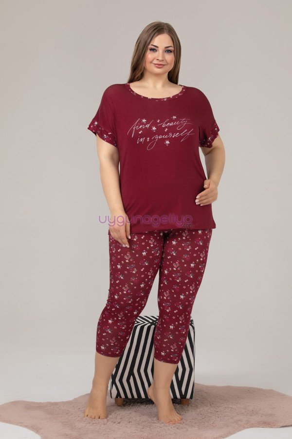 Kadın Bordo Renk ve Çiçek Desenli Lady 10626 Büyük Beden Kapri Pijama Takımı, ELİT0010626-2XL, Lady Pijama Takımı, ELİT0010626-2XL