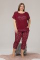 Kadın Bordo Renk ve Çiçek Desenli Lady 10626 Büyük Beden Kapri Pijama Takımı
