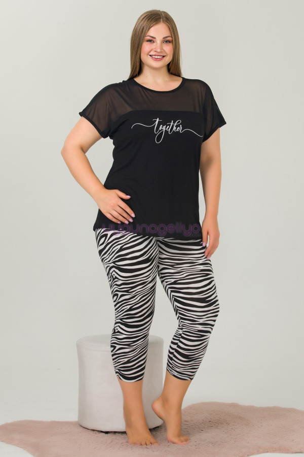 Kadın Siyah - Beyaz Renk ve Zebra Desenli Lady 10638 Büyük Beden Kapri Pijama Takımı, ELİT0010638-2XL, Lady Pijama Takımı, ELİT0010638-2XL