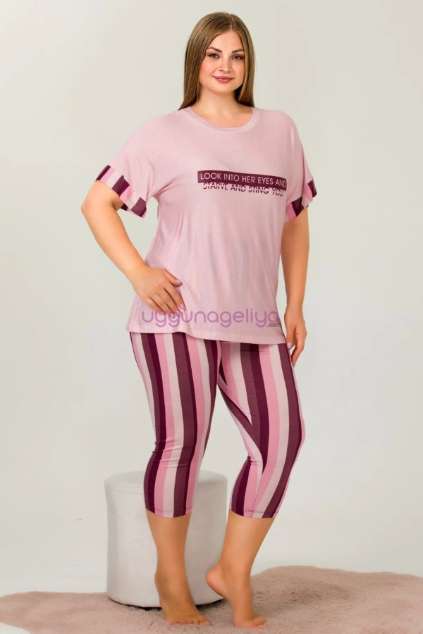 Gül Kurusu Renk ve Çiçek Desenli Lady 10640 Büyük Beden Kapri Pijama Takımı, ELİT0010646-2XL, Lady Pijama Takımı, ELİT0010646-2XL