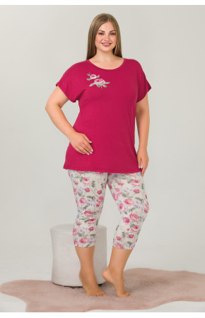 Bordo Renk ve Çiçek Desenli Lady 10641 Büyük Beden Kapri Pijama Takımı