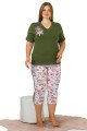 Haki Yeşil Renk ve Çiçek Desenli Lady 10644 Büyük Beden Kapri Pijama Takımı