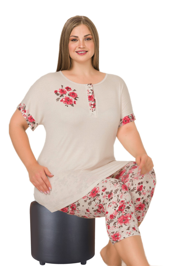 Krem Renk ve Çiçek Desenli Lady 10648 Büyük Beden Kapri Pijama Takımı, ELİT0010648-2XL, Lady Pijama Takımı, ELİT0010648-2XL