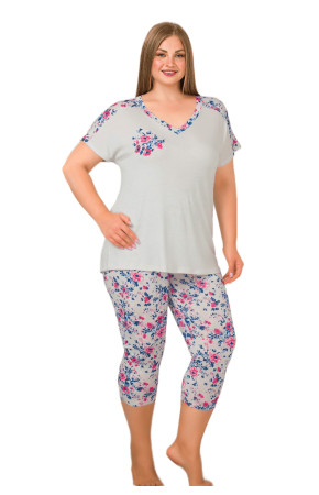 Gri Renk ve Çiçek Desenli Lady 10649 Büyük Beden Kapri Pijama Takımı