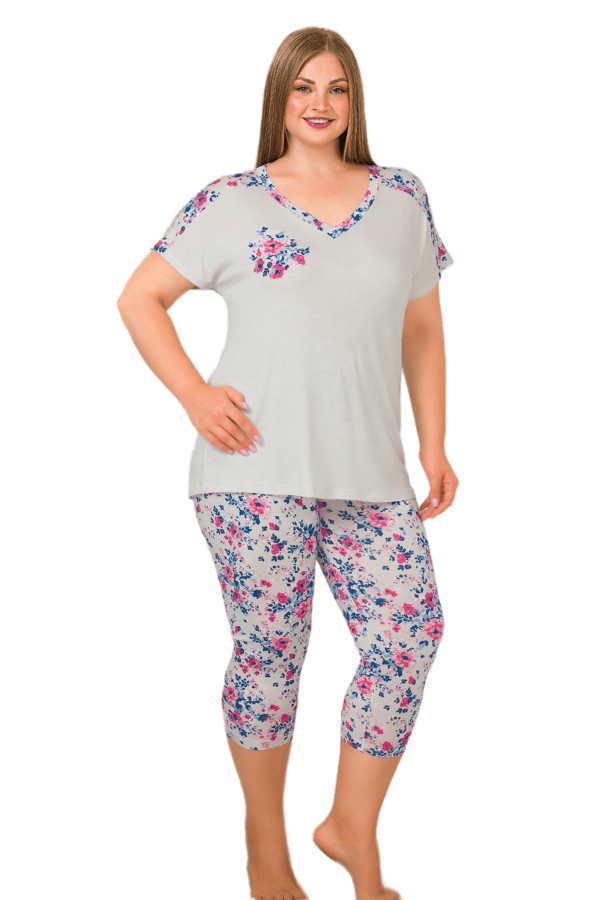 Gri Renk ve Çiçek Desenli Lady 10649 Büyük Beden Kapri Pijama Takımı, ELİT0010649-2XL, Lady Pijama Takımı, ELİT0010649-2XL