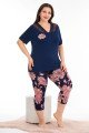 Lacivert Renk ve Çiçek Desenli Lady 10669 Büyük Beden Kapri Pijama Takımı