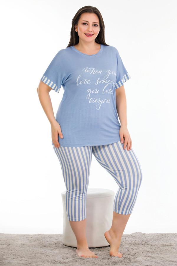 Mavi Renk ve Çizgi Desenli Lady 10670 Büyük Beden Kapri Pijama Takımı, UB-LADY10670-2XL, Lady Pijama Takımı, UB-LADY10670-2XL