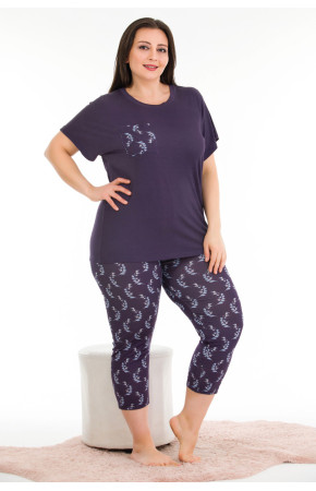 Lacivert Renk ve Çiçek Desenli Lady 10674 Büyük Beden Kapri Pijama Takımı