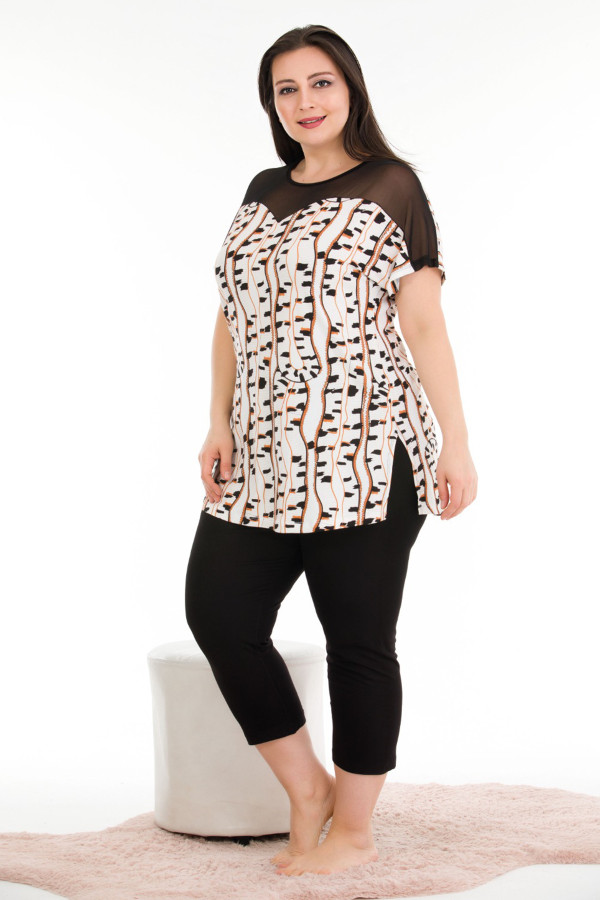 Siyah - Beyaz Renk ve Çizgi Desenli Lady 10675 Büyük Beden Kapri Pijama Takımı, UB-LADY10675-2XL, Lady Pijama Takımı, UB-LADY10675-2XL