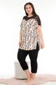 Siyah - Beyaz Renk ve Çizgi Desenli Lady 10675 Büyük Beden Kapri Pijama Takımı