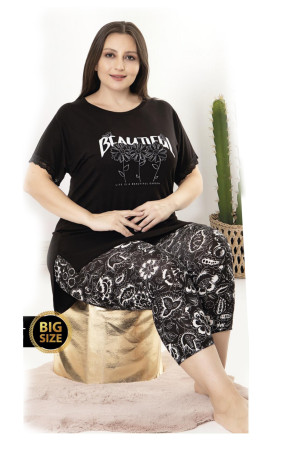 Siyah Renk Ve Çiçek Desenli Lady 10697 Kadın Büyük Beden Kapri Pijama Takımı