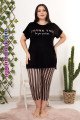 Siyah Renk ve Çizgi Desenli Lady 10698 Büyük Beden Kapri Pijama Takımı