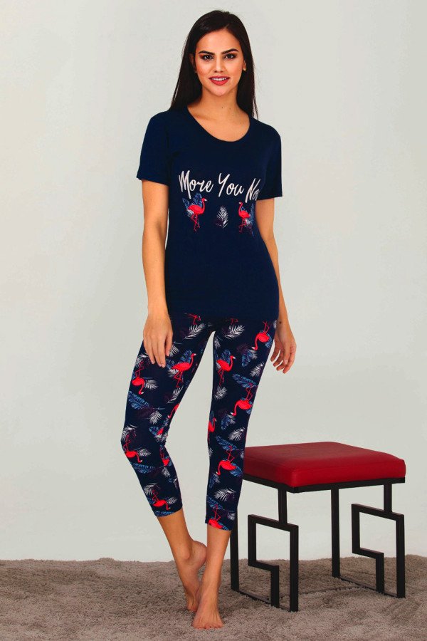Lacivert Renk ve Çiçek Desenli 12035 Kadın Kaprili Lady Pijama Takımı, ELİT0012035-M, Lady Pijama Takımı, ELİT0012035-M