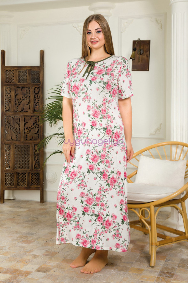Kadın Beyaz Renk ve Çiçek Desenli Lady 7239 Kadın Büyük Beden Elbise, Anne Gecelik, Lady-7239, Lady Pijama Takımı