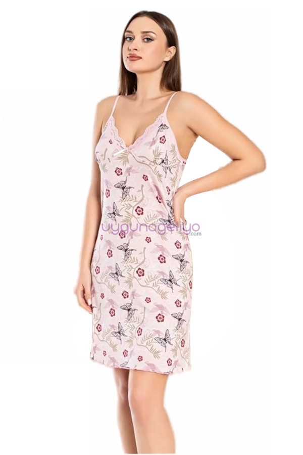 Krem Renk, Çiçek Desenli ve İnce Askılı Kol Jenika 51845 Tunik Gecelik, Jenika-51845, Tunik