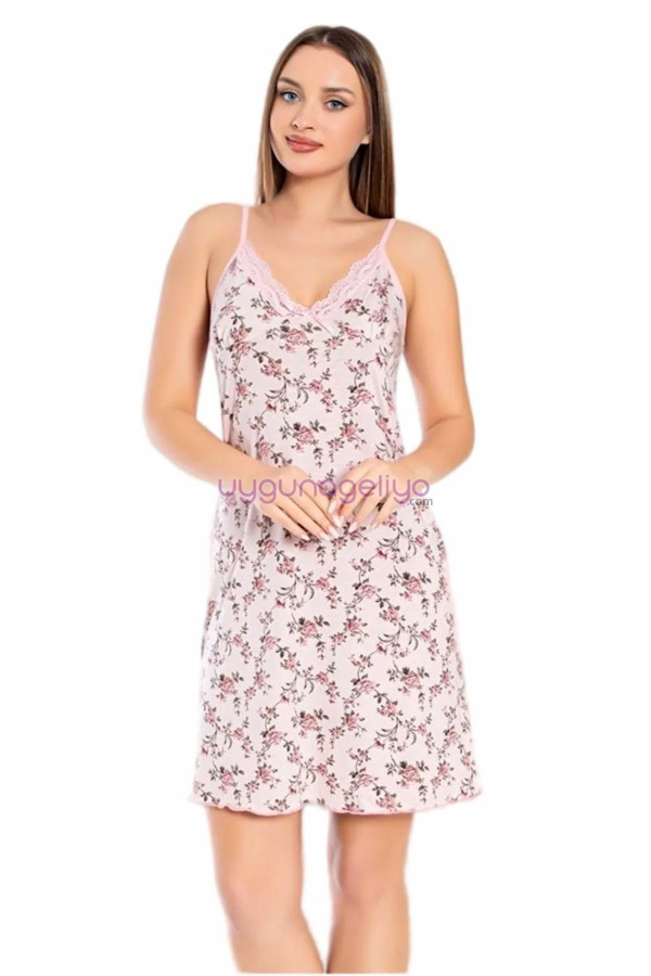 Krem Renk, Çiçek Desenli ve İnce Askılı Kol Jenika 51850 Tunik Gecelik, Jenika-51850, Tunik