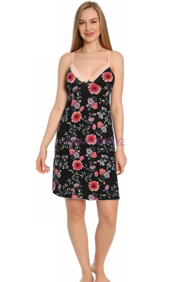 Siyah Renk, Çiçek Desenli ve İnce Askılı Kol Jenika 52007 Tunik Gecelik, Jenika-52007, Tunik