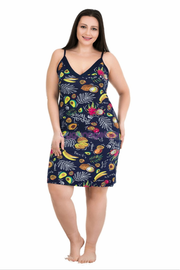 Lacivert Renk ve Desenli Kadın Askılı Kol Büyük Beden Anne Tunik Gecelik - 8716, 8509990001773, Lady Pijama Takımı, 8509990001773