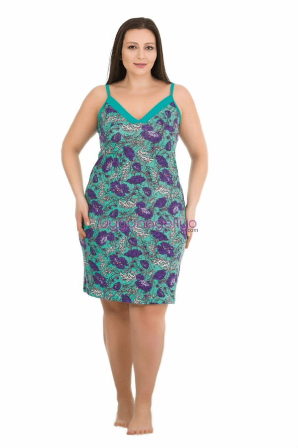 Yeşil Renk ve Çiçek Desenli Kadın Askılı Kol Büyük Beden Anne Tunik Gecelik - 8727, 8509990001896, Lady Pijama Takımı, 8509990001896