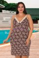 Kahverengi, Çiçek Desenli ve İnce Askılı Kol Lady 8835 Büyük Beden Tunik Gecelik, Lady-8835, Lady Pijama Takımı