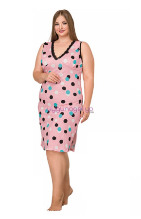 Pembe Renk ve Puantiye Desenli Lady 8876  2XL - 3XL - 4XL Battal Büyük Beden Tunik Gecelik