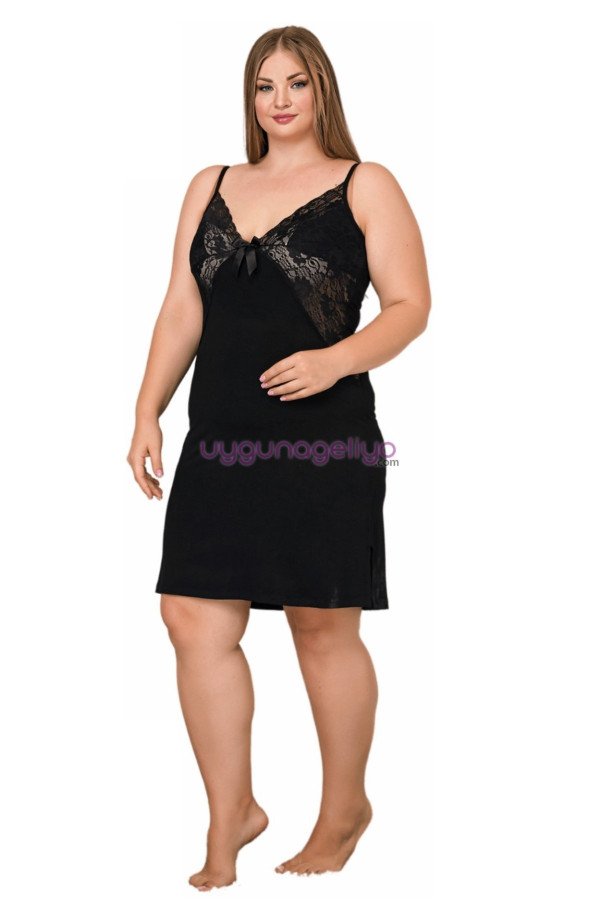 Siyah Renk Askılı Kol Lady 8893 2XL - 3XL - 4XL Battal Büyük Beden Tunik Gecelik, Lady-8893, Lady Pijama Takımı