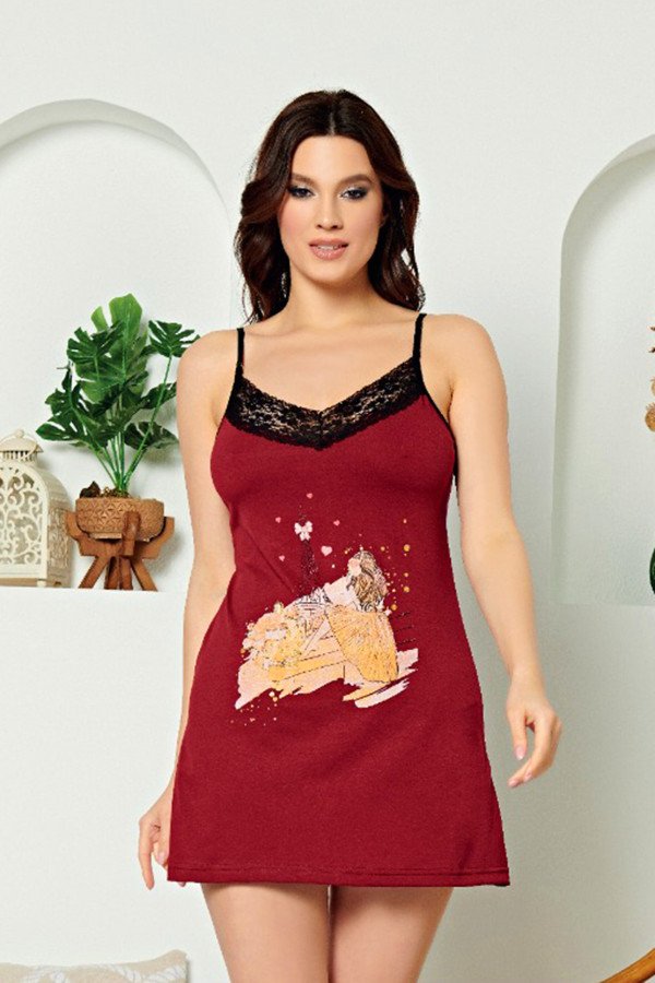 Bordo Renkli ve Desenli Pamuk İnce Askılı Yaka Kadın Tunik -ESSNWG-1006 Bordo Renkli ve Desenli Pamuk İnce Askılı Yaka Kadın Tunik -ESSNWG-1006, SNWGRLS-1006, Tunik