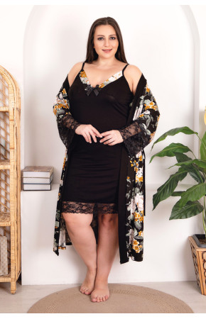 Siyah Renk Çiçek Desenli Lady 19202 Büyük Beden Sabahlıklı Gecelik Takım