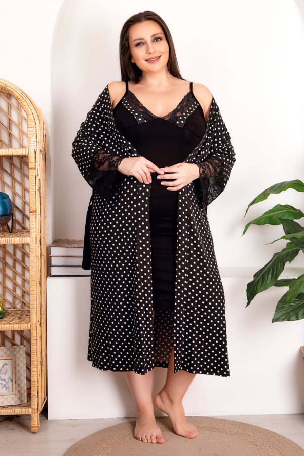 Siyah Renk Puantiye Desenli Lady 19205 Büyük Beden Sabahlıklı Gecelik Takım, UB-LADY-19205-2XL, Lady Pijama Takımı, UB-LADY-19205-2XL
