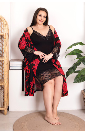Siyah Renk Çiçek Desenli Lady 19212 Büyük Beden Sabahlıklı Gecelik Takım