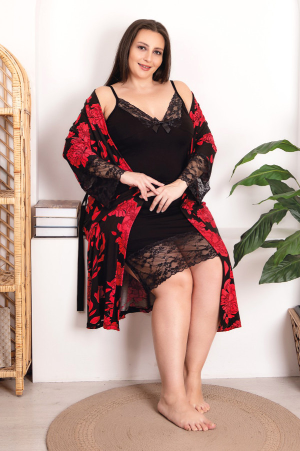 Siyah Renk Çiçek Desenli Lady 19212 Büyük Beden Sabahlıklı Gecelik Takım, LADY-19212-2XL, Lady Pijama Takımı, LADY-19212-2XL