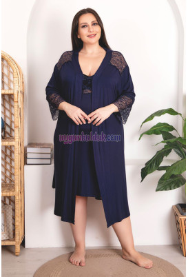 Lacivert Renkli ve Dantel Detaylı Lady 19213 Kadın Büyük Beden Sabahlıklı Gecelik Takım