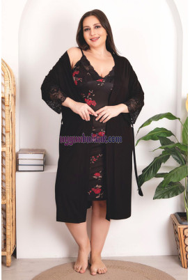 Siyah Renkli ve Kırmızı Çiçek Desenli Lady 19223 Kadın Büyük Beden Sabahlıklı 2li Gecelik Takım