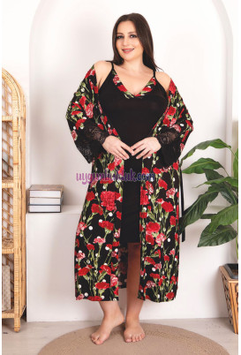 Siyah Renkli ve Kırmızı Karanfil Çiçeği Desenli Lady 19224 Kadın Büyük Beden Sabahlıklı 2li Gecelik Takım
