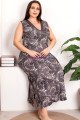 Antrasit Gri Renk Şal Desenli Kolsuz, V Yaka, Lady 7265 Battal Büyük Beden Anne Gecelik, Anne Uzun Elbise