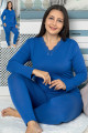 Kadın Mavi Renk Uzun Kollu  Jenika 42034 Battal Büyük Beden Pijama Takımı-Jenika