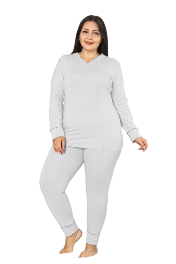 Kadın Beyaz Renk Uzun Kollu  Jenika 42052 Battal Büyük Beden Pijama Takımı-Lady